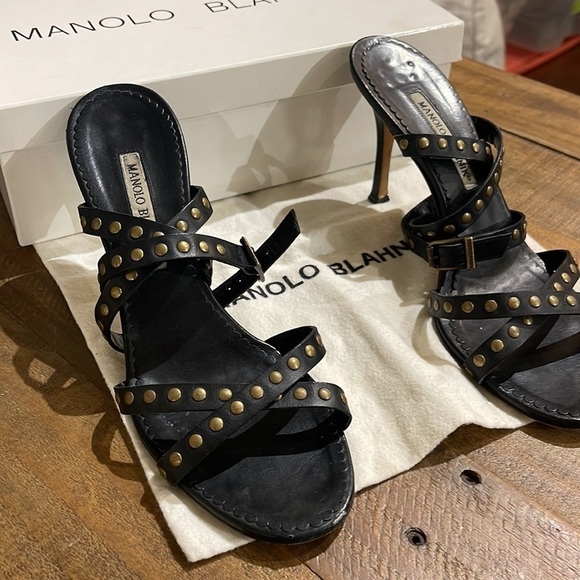 MANOLO Blahnik 39.5 strappy studded laceup heels sandals stilettos slides - Picture 2 of 6